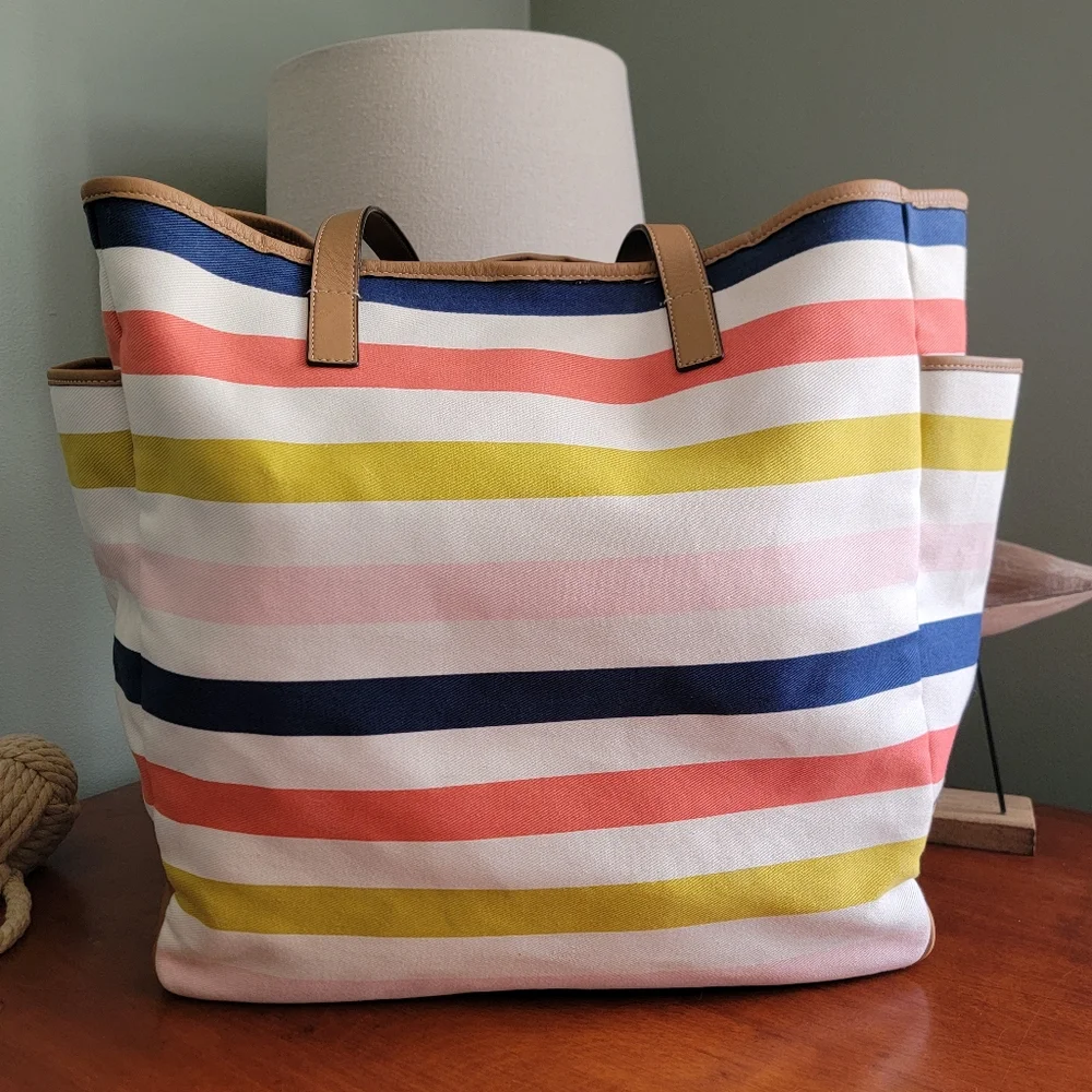 Coach F28523 Hadley Multicolor Stripe Canvas Beach Tote Bag w/ Pouch Y2K